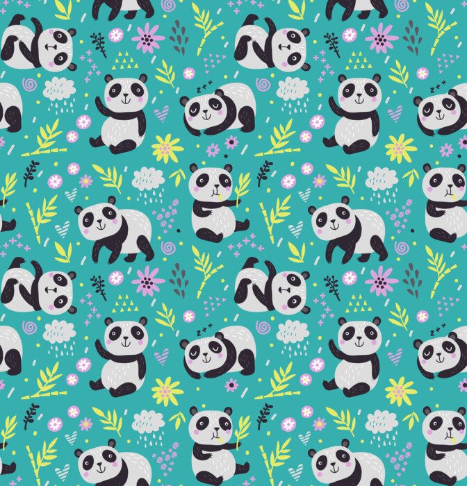 Behang Babypanda tussen groene planten en bloemen