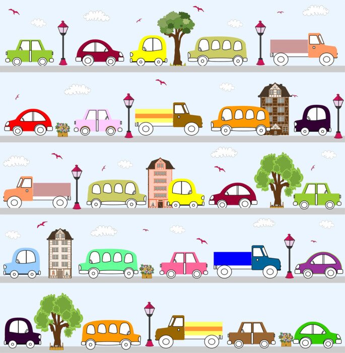Behang babypatroon ontwerp van voertuigen.