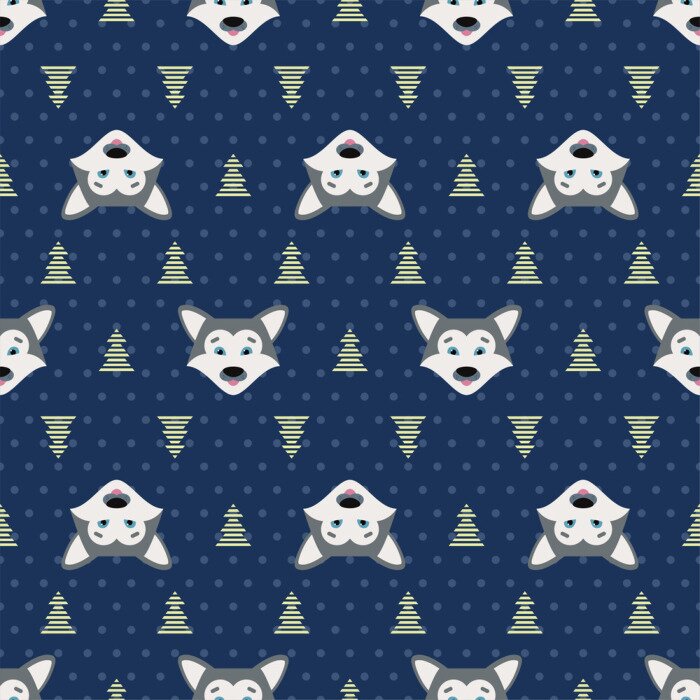 Behang Babywolven en kerstbomen op een marineblauwe achtergrond