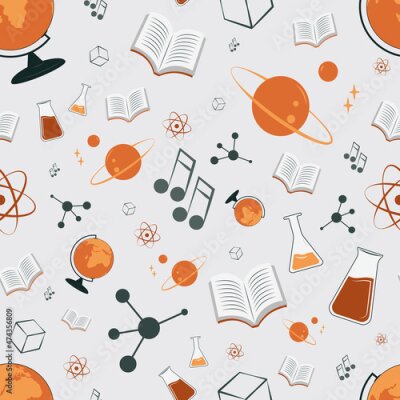 Behang Back To School seamless pattern with education supplies or stationery on light background. Colorful hand drawn vector illustration in realistic style for wrapping paper, wallpaper, backdrop.