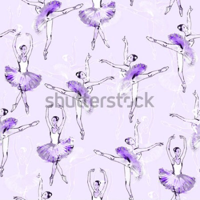 Behang Ballerina's violette achtergrond. Naadloos patroon van balletdansers, zwarte en zilveren tekening, waterverf het schilderen, op purpere achtergrond.