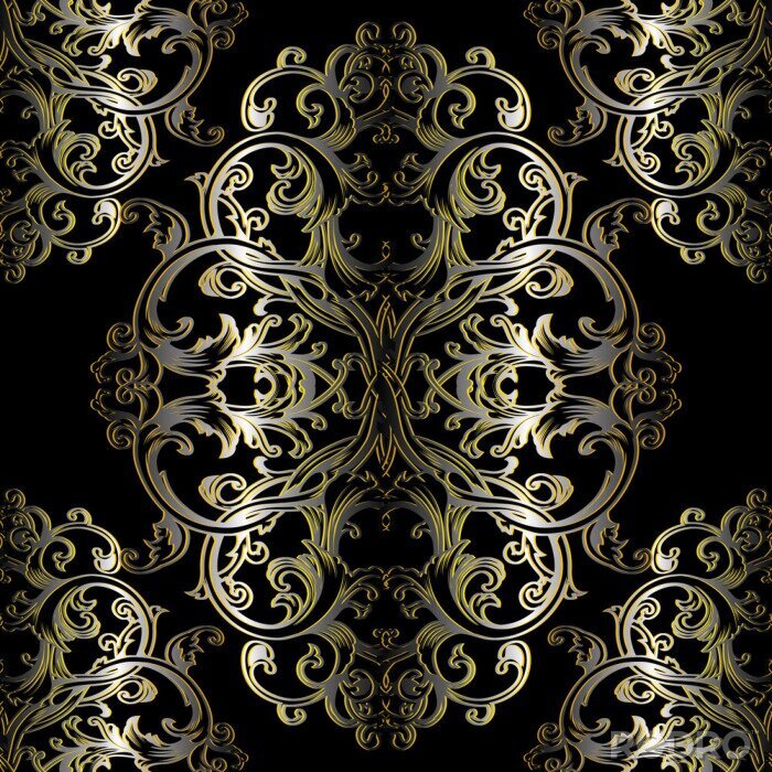 Behang Barok naadloos patroon. Zwarte bloemen damast achtergrond behang illustratie met gouden vintage bloemen, scroll swirl kunst lijn bladeren en antieke 3d barokke ornamenten. Vector oppervlak donkere tex