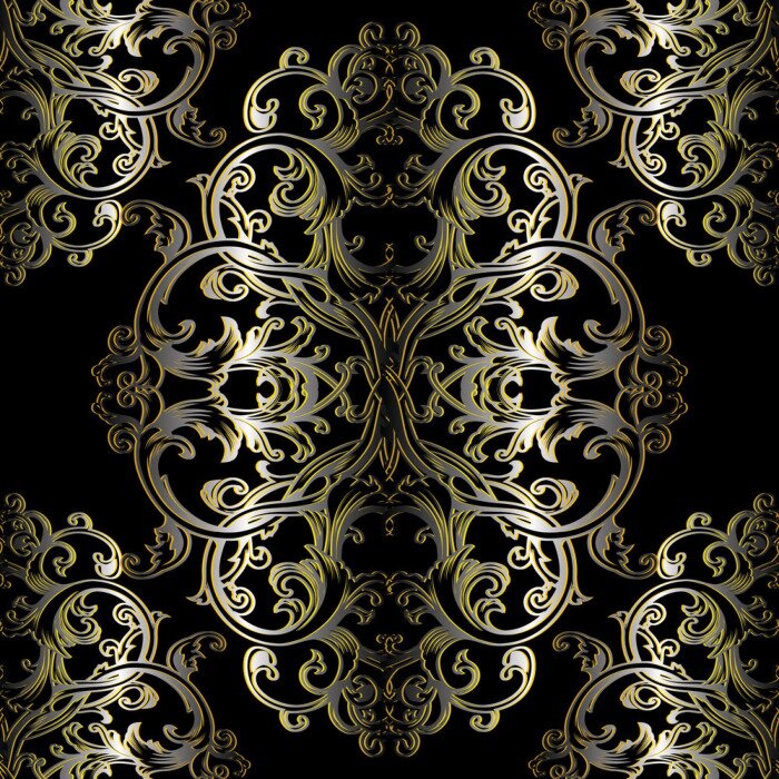 Behang Barok naadloos patroon. Zwarte bloemen damast achtergrond behang illustratie met gouden vintage bloemen, scroll swirl kunst lijn bladeren en antieke 3d barokke ornamenten. Vector oppervlak donkere tex