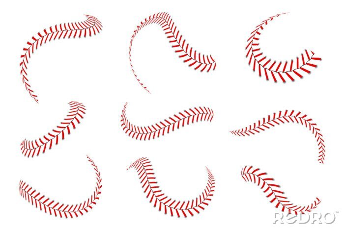 Behang Baseball laces set. Baseball stitches with red threads. Sports graphic elements and seamless brushes. Red laces and stitches