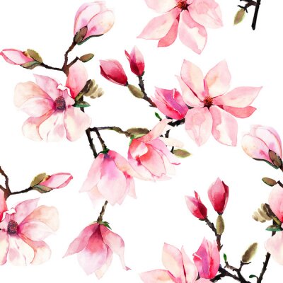 Behang Beautiful lovely tender herbal wonderful floral summer pattern of a pink Japanese magnolia flowers watercolor hand illustration. Perfect for textile, wallpapers, invitation, wrapping paper, phone case