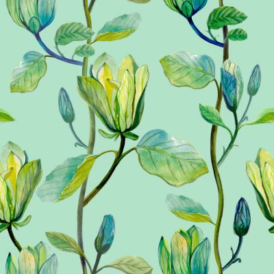 Behang Beautiful magnolia flower tropical pattern. Seamless tropical pattern on  green mint background.