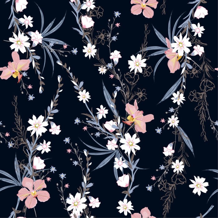 Behang Beautiful  seamless pattern of garden many kind of botanical plants,flowers,orchid ,floral design for fashion,fabric,wallpaper,web and all prints