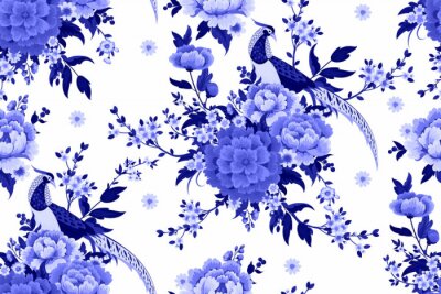Behang Beautiful seamless pattern with diamond pheasant sitting on peony branch with blooming sakura,plum and daisies for summer dress in Chinese style