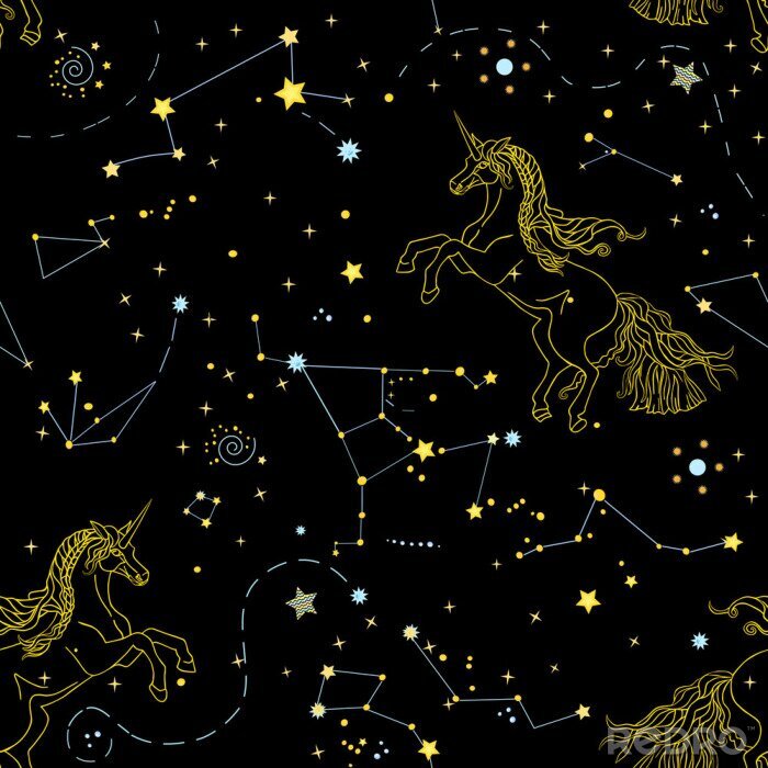 Behang Beautiful seamless pattern with galaxy and linear contour unicorns on the black background. Vector illustration
