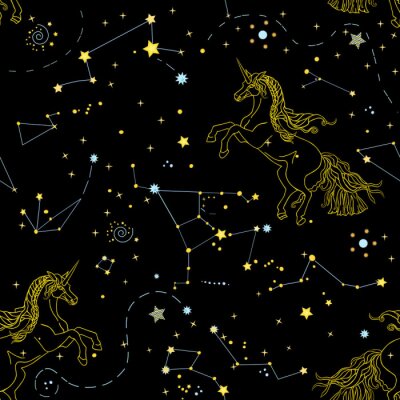Behang Beautiful seamless pattern with galaxy and linear contour unicorns on the black background. Vector illustration