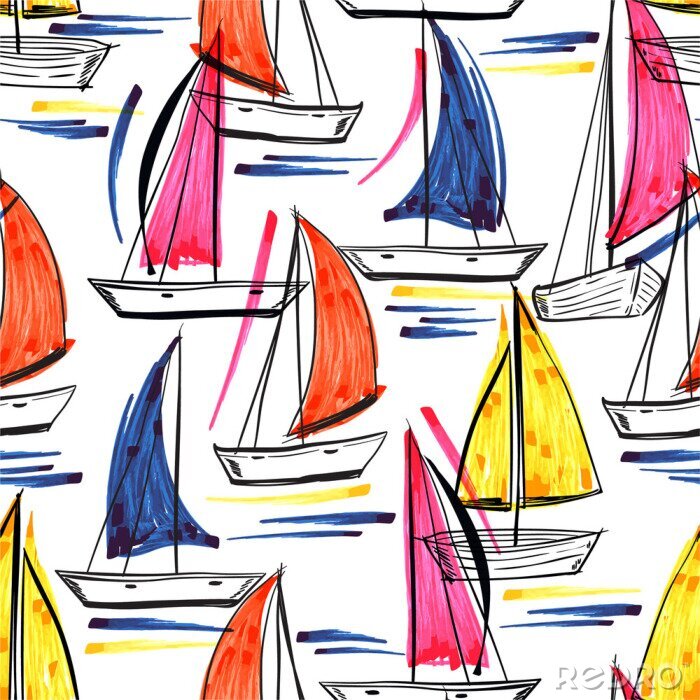 Behang Beautiful trendy Hand drawn brush stroke of ship,wind surf ,boat on the ocean summer vibes seamless pattern in vector EPS10