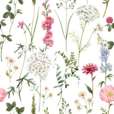 Behang Beautiful vector floral summer seamless pattern with watercolor hand drawn field wild flowers. Stock illustration.