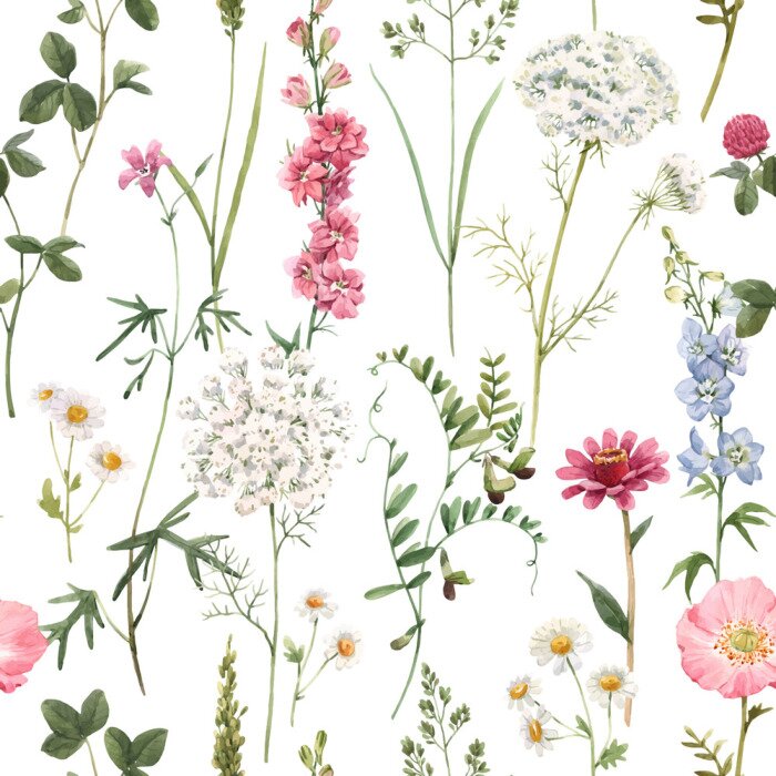 Behang Beautiful vector floral summer seamless pattern with watercolor hand drawn field wild flowers. Stock illustration.