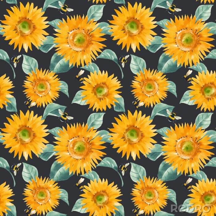 Behang Beautiful vector seamless pattern with watercolor hand drawn sunflowers. Stock summer illustration.