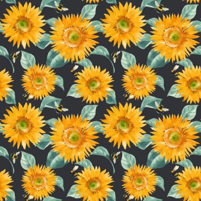 Behang Beautiful vector seamless pattern with watercolor hand drawn sunflowers. Stock summer illustration.
