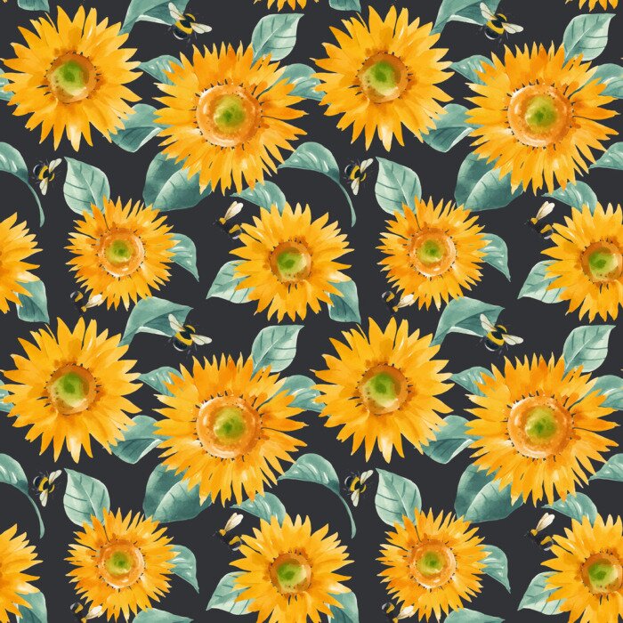 Behang Beautiful vector seamless pattern with watercolor hand drawn sunflowers. Stock summer illustration.