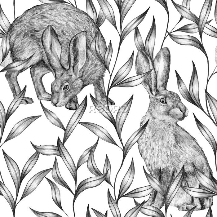 Behang Beautiful vintage seamless pattern. Pencil sketch of hares and ornamental plants. Graphic drawing on a white background. Wild animals and plants. Bunny wallpaper. 
