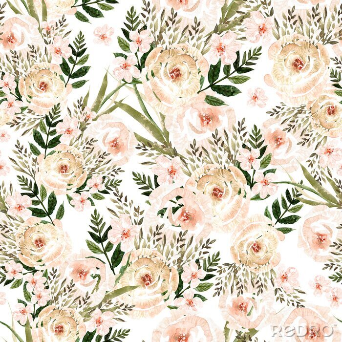 Behang Beautiful Watercolor seamless pattern with roses flowers and herbs. 