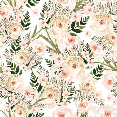 Behang Beautiful Watercolor seamless pattern with roses flowers and herbs. 