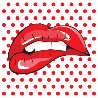 Beet op haar rode lippen tanden pop art