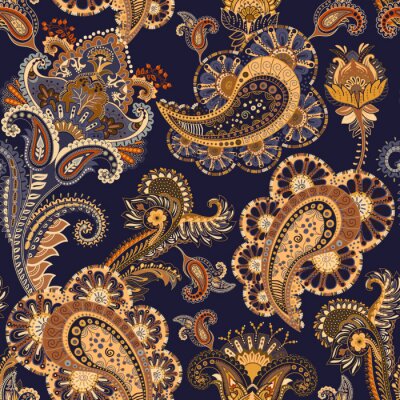 Behang Beige blauwe oosterse bloemen en bladeren