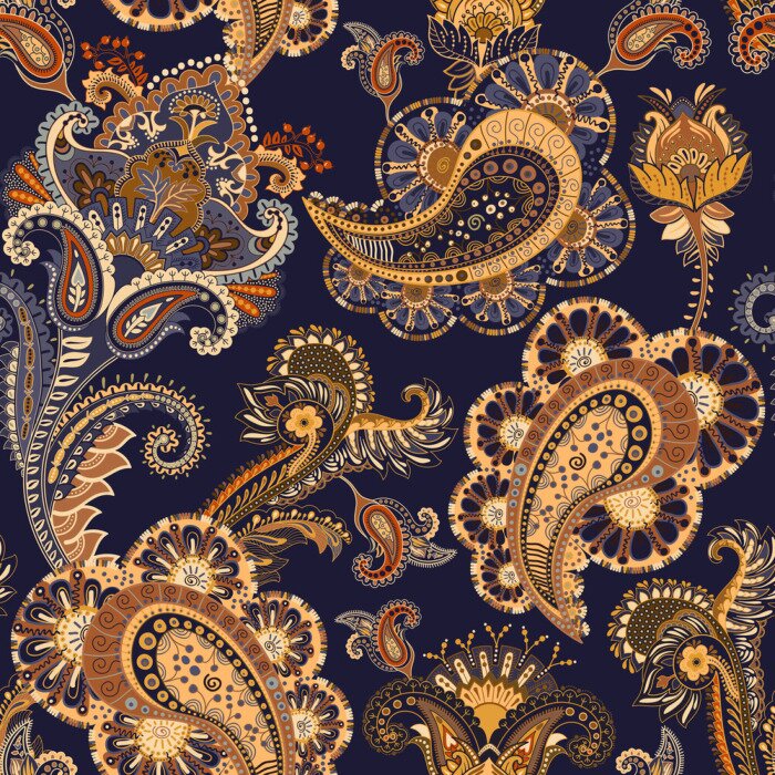 Behang Beige blauwe oosterse bloemen en bladeren