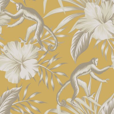 Behang Beige bloemen en apen op een gele vintage achtergrond