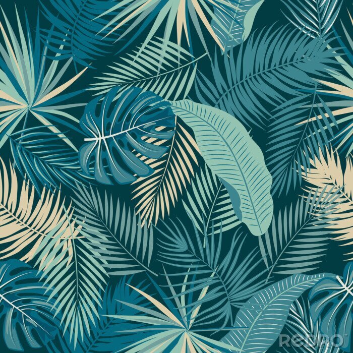 Behang Beige en blauwe tropische bladeren