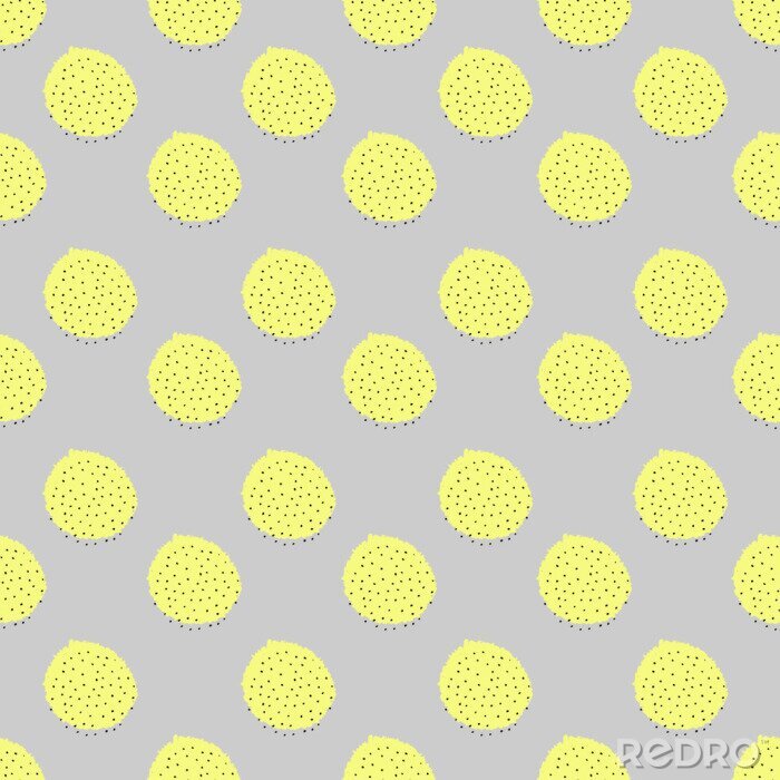 Behang Beige motief met gele cirkels en zwarte stippen