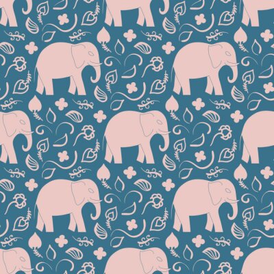 Behang Beige olifanten en bladeren op een blauwe achtergrond