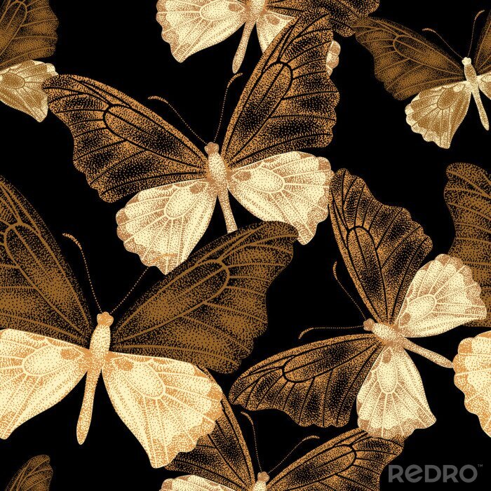 Behang Beige vlinders op een zwarte achtergrond