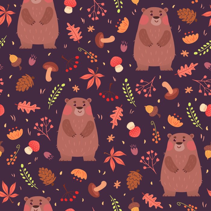 Behang Beren en kruiden naadloos patroon
