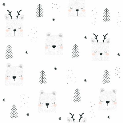 Behang Beren en rendieren in het winterbos
