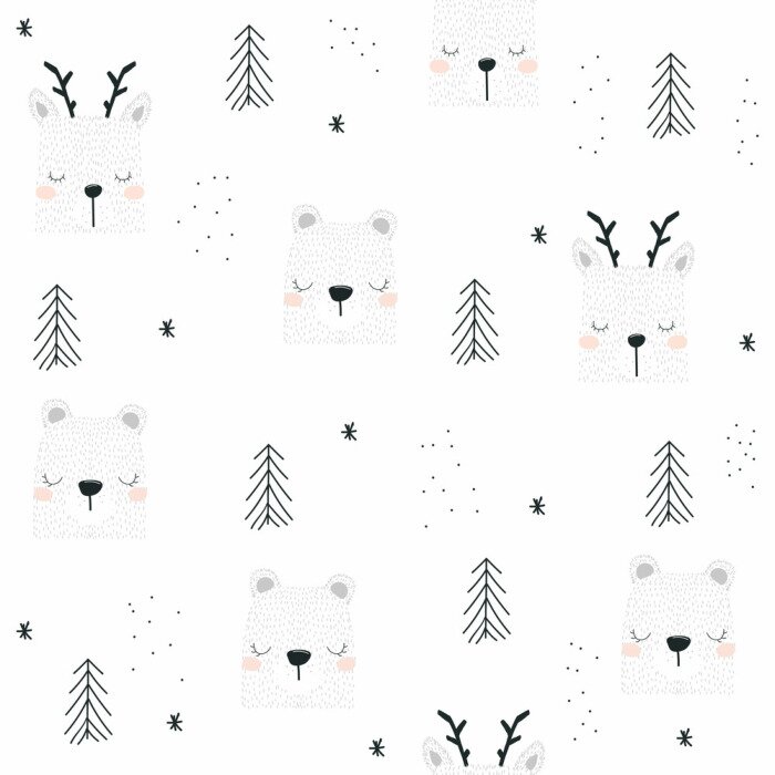 Behang Beren en rendieren in het winterbos