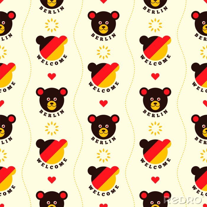 Behang Berlin seamless patterns design, with comic bear and colors of German flag. Vector illustration.