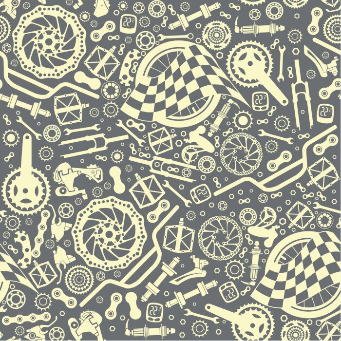 Behang Bicycle parts with a starting flag. Seamless pattern. Vector image.