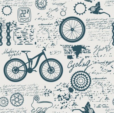 Behang Bicycles.Vector abstract seamless pattern on the theme of bikes, adventures and discoveries. Old manuscript with spare parts, and other symbols with blots and stains in vintage style.