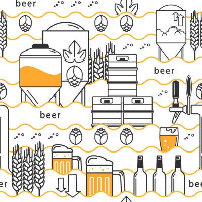 Bierkraan, mok, glas met bier, kegs, flessen, uitrusting voor brouwerij, hop, tarwe. Lineair naadloos patroon op witte achtergrond. Vector illustratie.