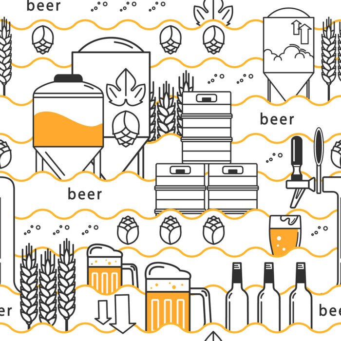 Behang Bierkraan, mok, glas met bier, kegs, flessen, uitrusting voor brouwerij, hop, tarwe. Lineair naadloos patroon op witte achtergrond. Vector illustratie.