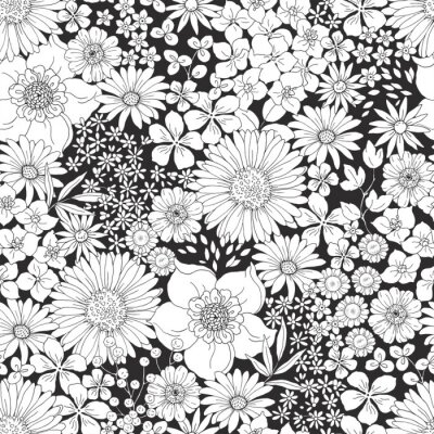 Behang Black and white floral pattern with big and small flowers. Hand drawn vector illustration in vintage style.