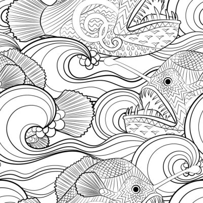 Behang Black and white seamles oceanic pattern for coloring.