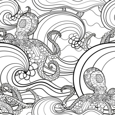 Behang Black and white seamles oceanic pattern for coloring.