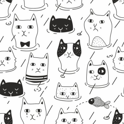 Behang Black and white seamles pattern with cute cats in the pool.