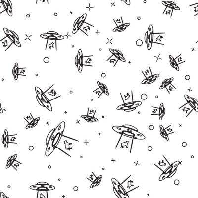 Behang Black UFO abducts cow icon isolated seamless pattern on white background. Flying saucer. Alien space ship. Futuristic unknown flying object. Vector Illustration
