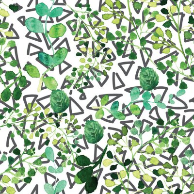 Behang bladeren en bloemen naadloos patroon. Hand geschilderde afbeelding op geometrische achtergrond
