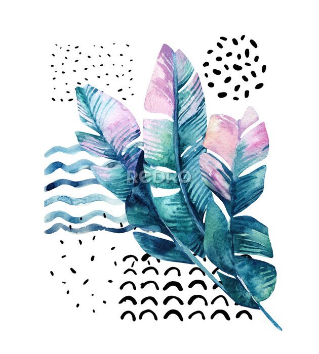 Behang Bladeren geschilderd in turquoise aquarel