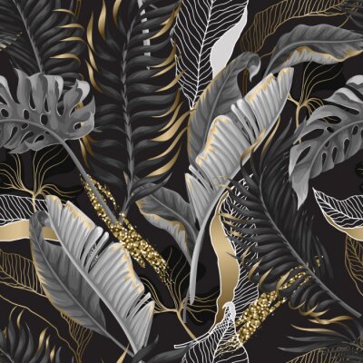 Behang Bladeren in zwarttinten en imitatiegoud