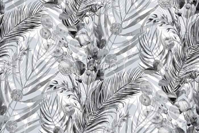 Behang Bladeren van bomen en gras in grijs