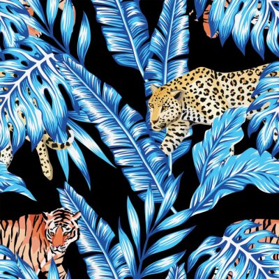 Behang blauw bananenbladeren tiger leopard naadloze zwarte achtergrond