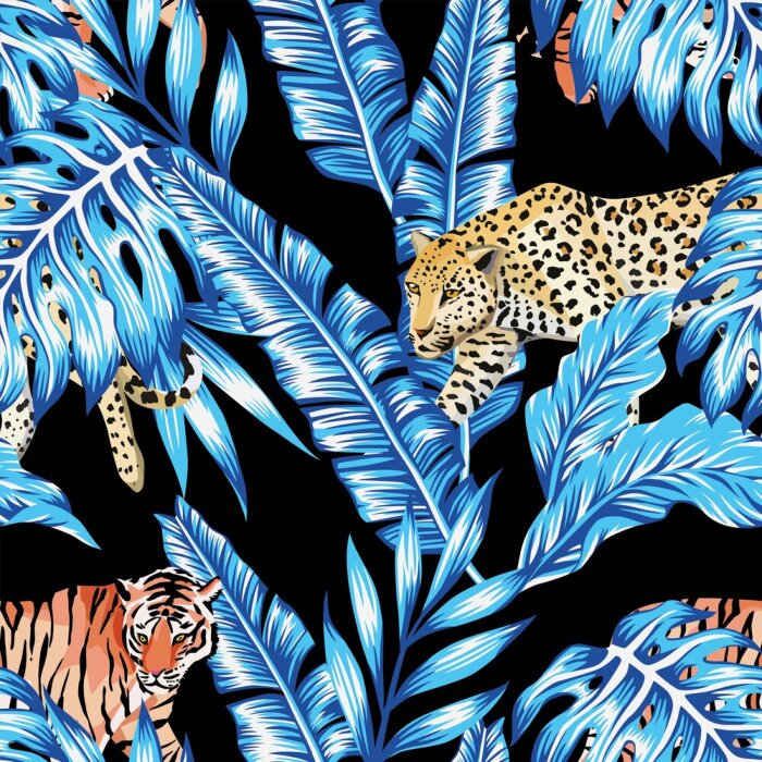 Behang Blauw bananenbladeren tiger leopard naadloze zwarte achtergrond